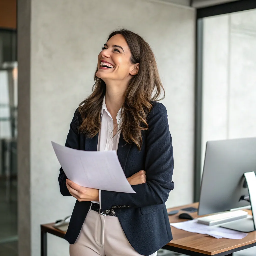 Happy businesswoman providing a review