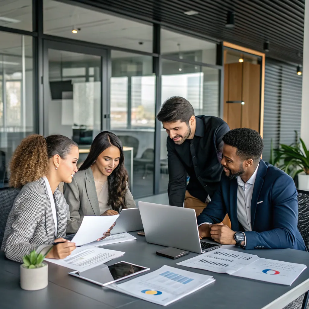 Professional translation team discussing a project in a modern office
